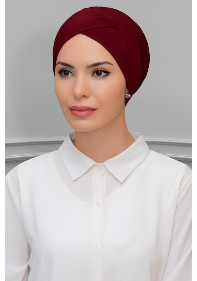 Hürrem Bone Bordo Pratik Hazır Geçmeli Tesettür Bone Sandy Kumaş Çapraz Büzgü (545490435) Bordo