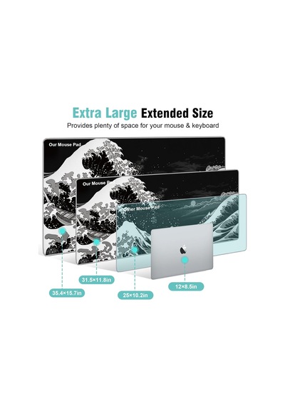 Tr Japon Deniz Dalgası Oyun Fare Altlığı, 31,5 X 11,8 Cm Japon Kanagawa Siyah Mousepad Masa Örtüsü, Sıvı Kontro