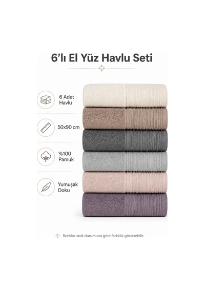 6 Lı El Yüz Renkli Havlu Seti %100 Pamuklu 50x90 Cm Velora Koleksiyon Mürdüm