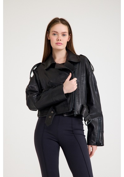 Oversize Bayan Deri Ceket Vb-16-bk-2796-24024 Siyah