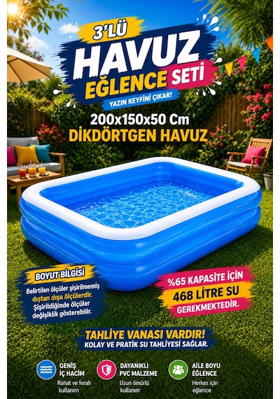 Hak-iş Oyuncak 200x150x50 CM Dikdörtgen Şişme Havuz - 30 CM El Pompası Dahil