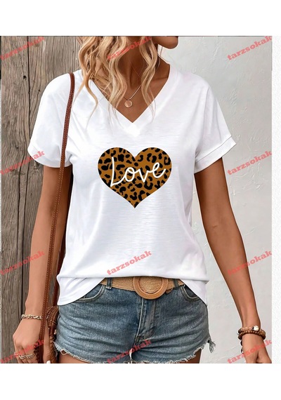 Tarzsokak Leopar Desenli Desenli Kalp Love Beyaz
