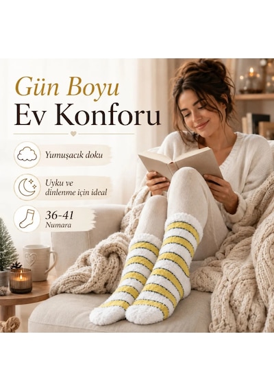 DS Wak Peluş Çizgili Kadın Uyku Çorabı 36-40 Yumuşak Sıcak Tutan Sıkmayan Ev Çorabı Sarı Beyaz