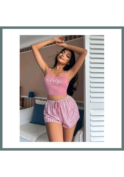 Bezos Kadın Pembe Çizgili Desen Askılı Şortlu Pijama Takım 5002 Beden: S/m Renk: Pembe Ventra