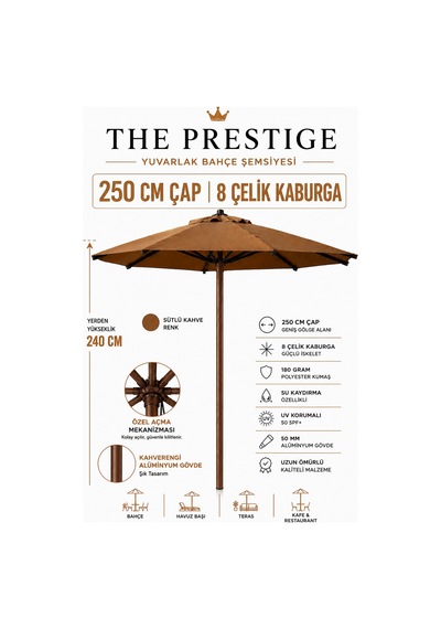 Alubrella Yuvarlak Sütlü Kahve 250 Cm Çap, 8 Telli Güneş Şemsiyesi Kahverengi İskelet Antrasit