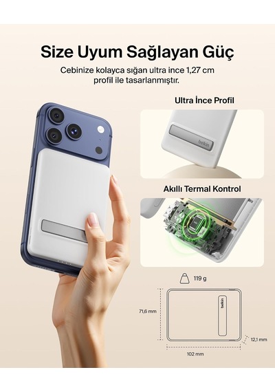 Belkin Bpd011hqwh Boostcharge Slim 5.000mah Qi2 15w Manyetik Kablosuz Powerbank - Beyaz Siyah