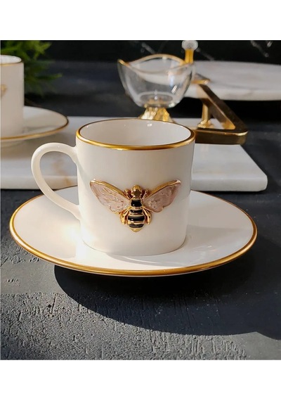 Regna Home Queen Bee 4 Parça 2 Kişilik Yaldızlı Porselen Kahve Fincan Takımı Beyaz