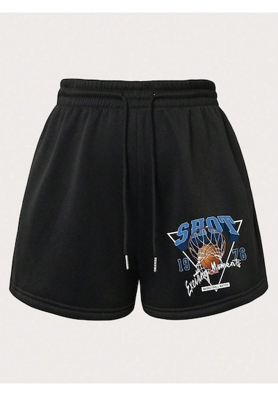 Basketball & Letter Graphic Drawstring Waist Şort Siyah