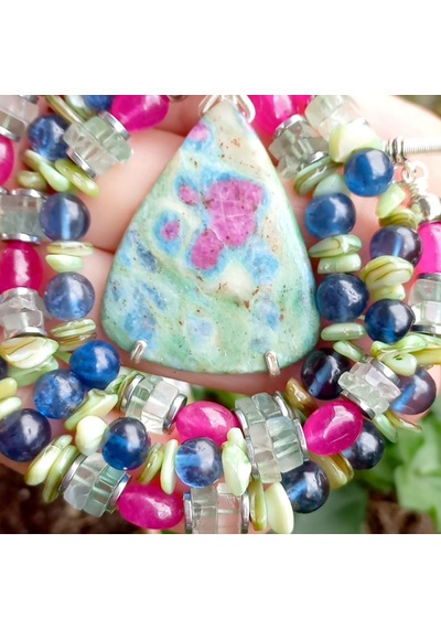 2574 Ruby Fuchsite İyolit Florit Ceyt Yakut Hematit El Yapımı Kolye Çok renkli
