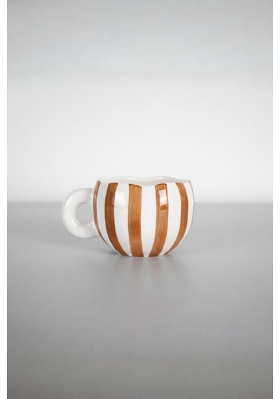 Kahverengi Çizgili 400 Ml El Yapımı Seramik Çay Kahve Mug Kupası Mıt1324 Kahverengi - Beyaz