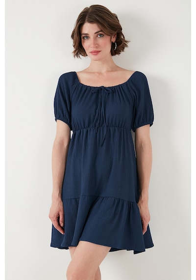 Lela Önü Büzgülü Balon Kollu Mini Bayan Elbise 5869005 Indigo