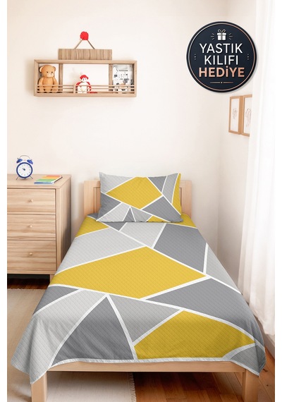 Sarı Geometrik Genç Odası Tek Kişilik Pike Takımı - Gri Modern 160x220 Cm Kapitone Yatak Örtüsü Mumlu Kum Akışı