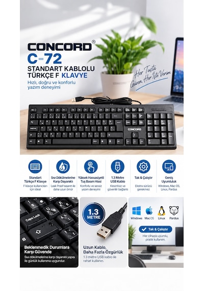 Concord C-72 Standart Kablolu Türkçe F Klavye Yüksek Kalite Sessiz F Klavye Standart Tüm Pc Uyumlu - Okullar Için Uygundur - Katip Katiplik Sınav