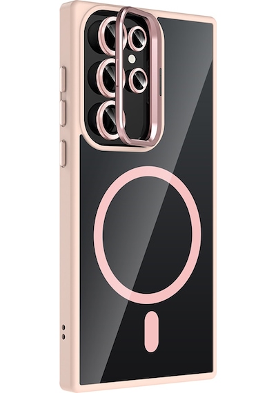 Adige Samsung Galaxy Uyumlu S22 Ultra Kılıf Etro Standlı + Kamera Lens Koruyucu Pembe