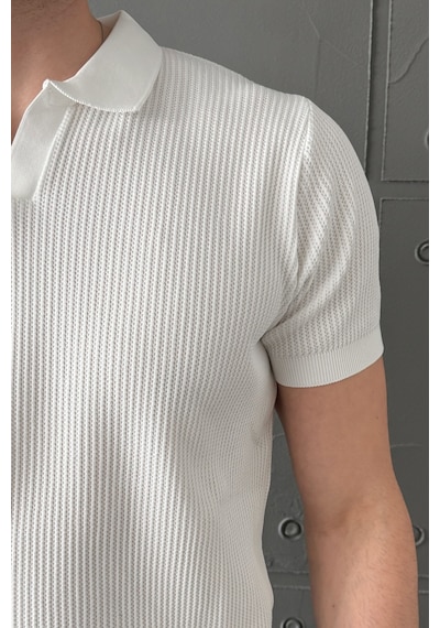 Erkek Petek Desen Polo Yaka Triko T-shirt Beyaz