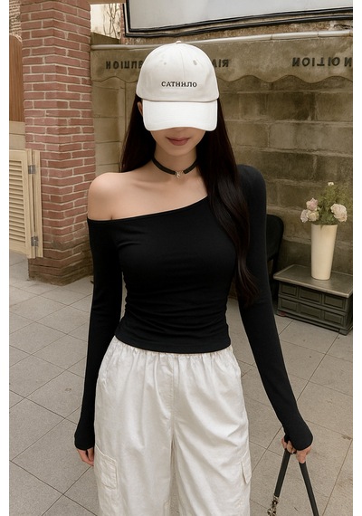 Siyah Kadın Düşük Omuz Kayık Yaka Dar/slim Uzun Kollu T-shirt Siyah