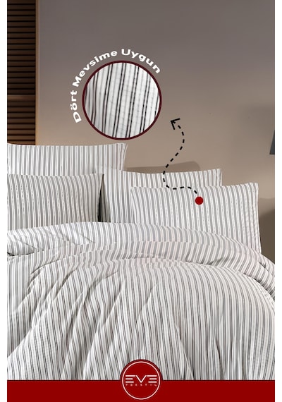 Saten Çizgili Çift Kişilik Lüks Nevresim Takımı Set 200x200 Cm Koyu Gri