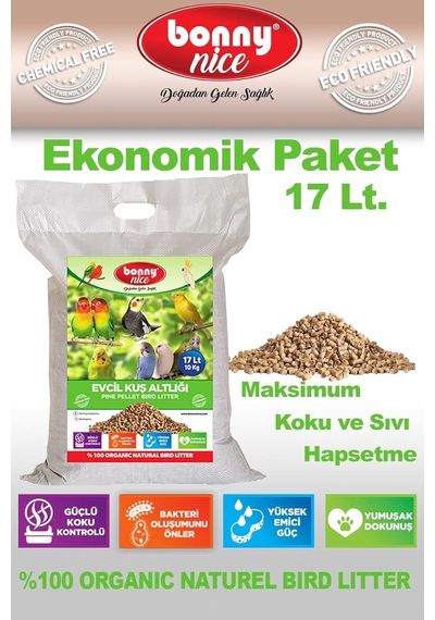 Bonnynice Bonny Nice Doğal Çam Pelet Evcil Kuş Kafes Altlığı 10 Kg 17 Lt 1 Adet