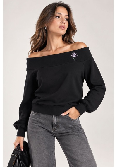 Sortie Collection Madonna Yaka Çiçek Nakışlı 3 İplik Sweatshirt Siyah