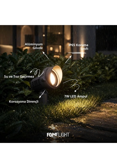 Fonelight Alutera Led Kazıklı Bahçe Spotu 7w Ip65 Alüminyum Dış Mekan Çim Armatürü Peyzaj Ağaç Çit Bahçe Ay