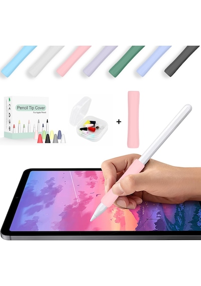 Apple Pencil 1-2 Nesil Pro Usb-c Uyumlu Soft Yumuşak Silikon Kalem Tutucu Ve 8'li Kalem Ucu Koruyucu Pembe