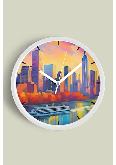 Şehir Silüeti Modern Duvar Saati - 42cm - Önü Camlı Beyaz Kasa - Sessiz Mekanizma Beyaz
