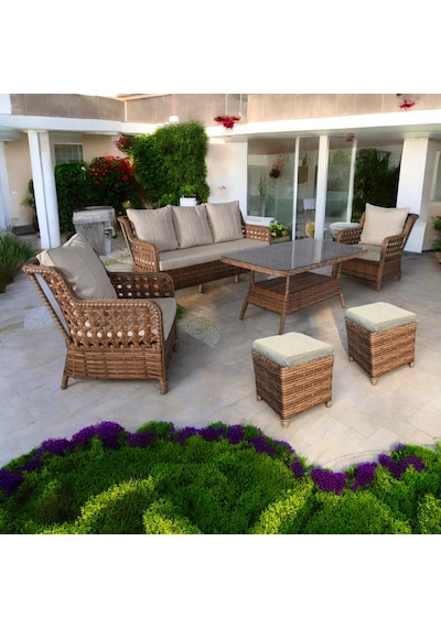 Monalin Home Garden I Elite 7 Kişilik Oturma Takımı Kahverengi I Rattan El Örgüsü Bahçe Mobilyası Kahverengi - Krem