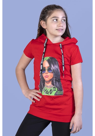 Toontoy Kids Toontoy Kız Çocuk Billie Eilish Baskılı Kapüşonlu Tişört Kırmızı
