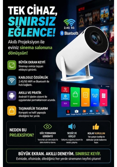 Taşınabilir Sinema Projektörü Bluetooth Android 11 Akıllı Projeksiyon Wifi Beyaz