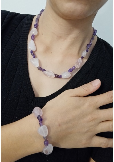 Doğaltaşkolye/bileklik Takım - Pembe Kuvars Ve Ametist Taşı Takım Mdl-1005/balık Hediyelik Mor - Pembe