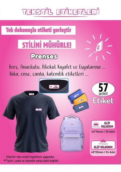 Prenses Modeli Kreş Anaokulu İlkokul Kıyafet Eşya Yaka Ense İsim Etiketi 57 Adet Karışık