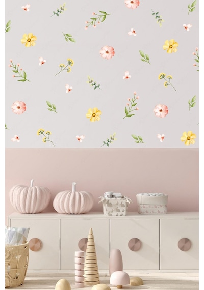 MSticker Soft Renklerde Çiçekler Ve Yapraklar Duvar Cam Sticker Seti