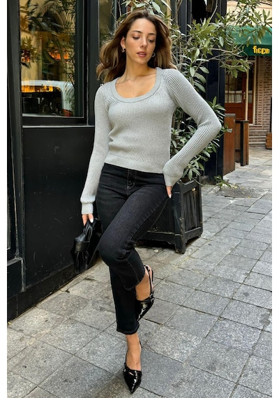 Madmext Gri Bisiklet Yaka Basic Örme Kazak Mg2189 Gri