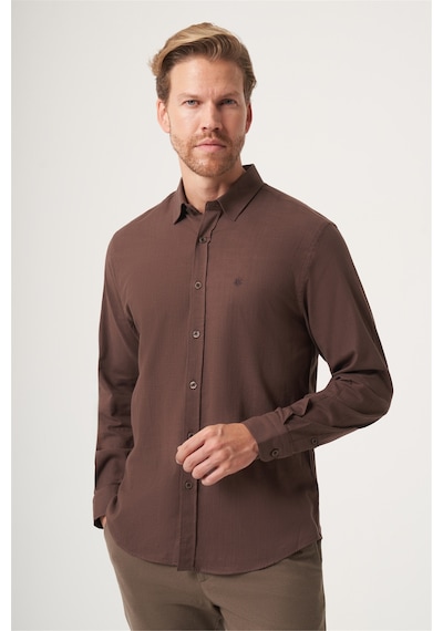 İmza Kahverengi Biritli Yaka Uzun Kol Cepsiz Slim Fit Pamuklu Gömlek 1004260207