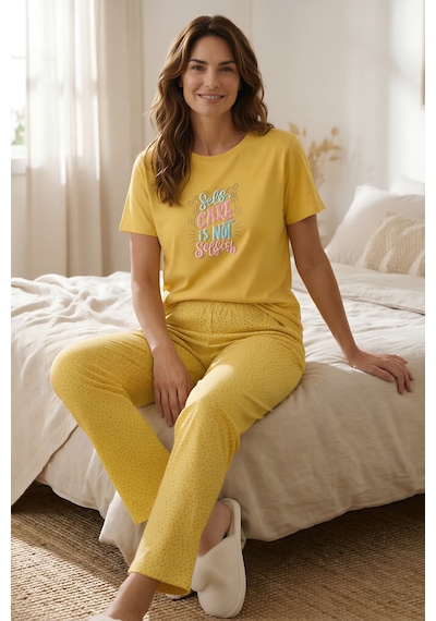 Yeni İnci Pamuk Uzun Alt Kısa Kol Pijama Takımı Sarı