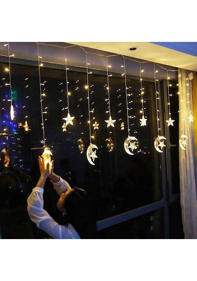 Dekoratif Ramazan Süslemesi Ay Yıldız Salkımlı Perde LED Gün Işığı