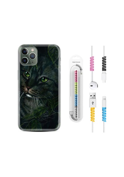 Apple Uyumlu iPhone 13 Pro Kılıf Kablo Koruyuculu Flowers Cat 1345