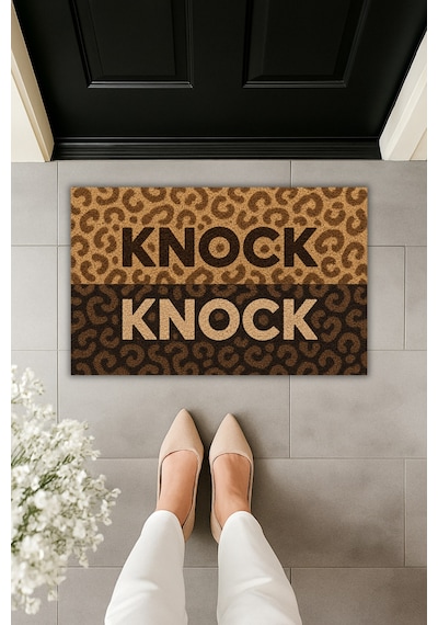 Rugmood Knock Çift Renk Leopar Desenli Modern Kapı Önü Paspası Kaymaz Taban Dijital Baskılı Paspas 70x45 Cm Bej