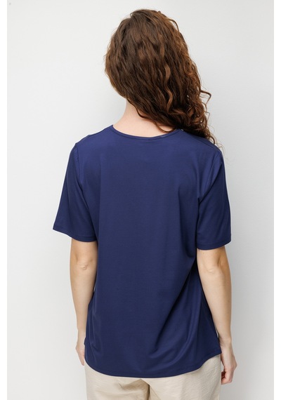 Desen Triko Kadın V Yaka Yaka Kenarı Zincirli Penye T-shirt 26707 Lacivert Lacivert