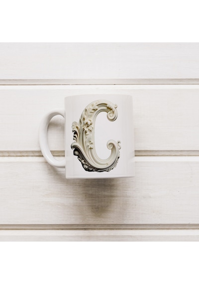 C Harfi Bardak, Monogram 330 Ml Barok Oymalı Görünüm Beyaz