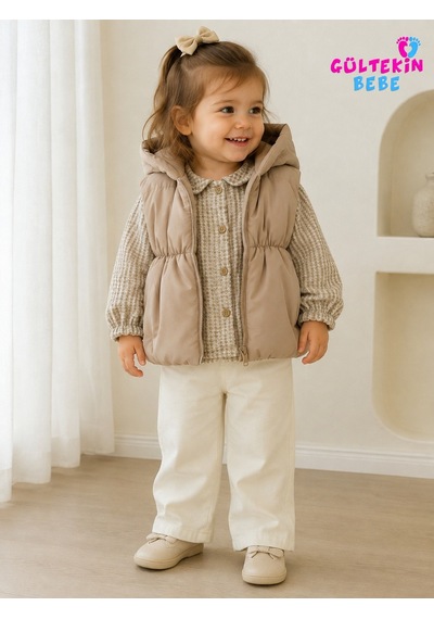Hippıl Baby Ekose Gömlekli Kız Şişme Yelekli Üçlü Takım 9-24 Aylık -ba462578646 - Kahverengi