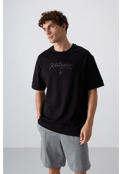 Tommy Life Siyah Pamuklu Kalın Yumuşak Dokulu Oversize Fit Baskılı Erkek T-shirt - 88320 Siyah