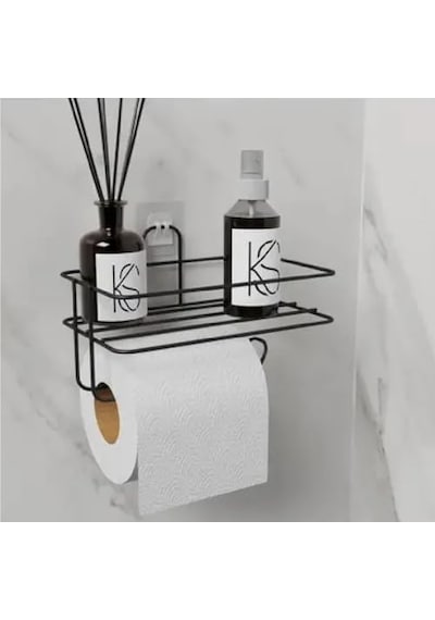 Yapışkanlı Raflı Siyah Tuvalet Kağıtlığı Tutacağı Askısı 16.5 x 12.2 x 11.2 CM