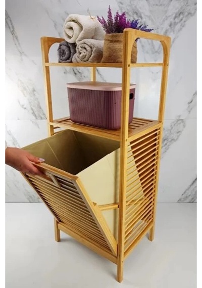 2 Organizer Raflı Ahşap Bambu Çek-aç Kirli Sepeti Renkli