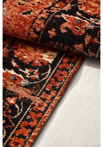Narvi Nostaljik Kilim Saçaklı Robot Süpürge Uyumlu Oturma Odası Salon Kolay Temizlenebilir Pamuk Akrilik Hali Kiremit - Siyah