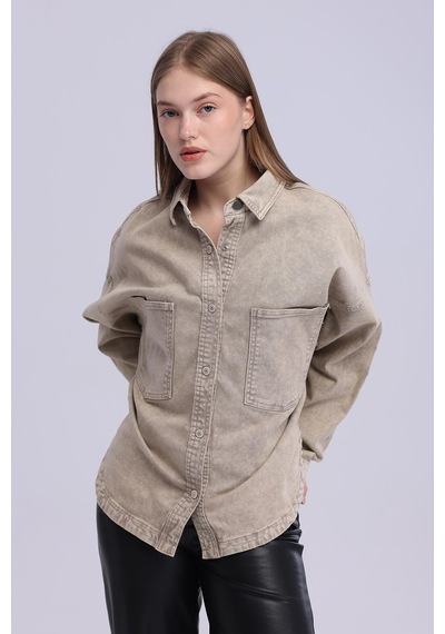 Selectmoda Kadın Çift Cepli Çıtçıt Kapamalı Oversize Kot Gömlek bej