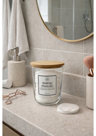 Marlin - 2'li Bambu Kapaklı Standlı Banyo Cam Kavanoz Seti Dekoratif Banyo Düzenleyici 315 Cc Şeffaf