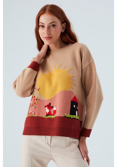 Peraluna Sunny Pullover El İşlemeli Desenli Kadın Triko Kazak Bej/kahve-çok Renkli Çok Renkli