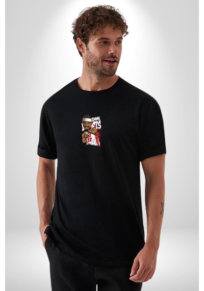 Jimmy Butler Basketbol Siyah Oversize Unisex Ön Orta Minimal Baskılı Tişört Siyah