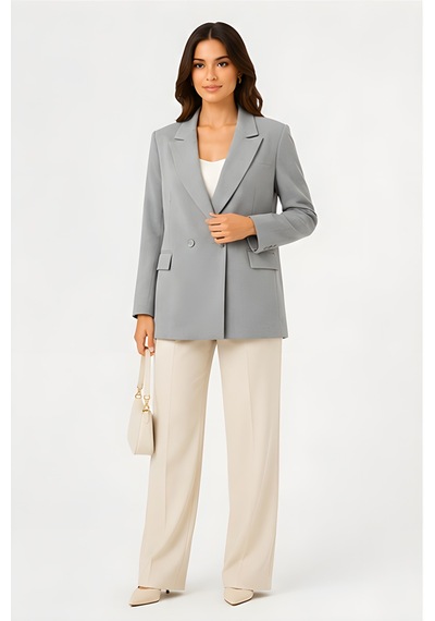 Lili Woman Kadın Kruvaze Açık Gri Blazer Ceket Çift Düğmeli, Cep Kapaklı P.3982g
